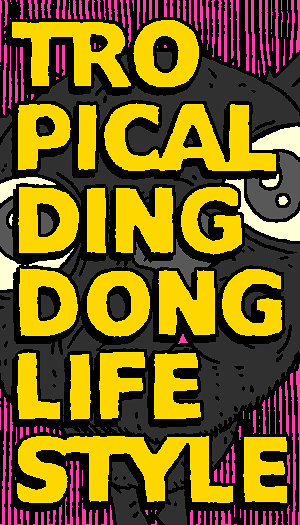 A wide-eyed dark cat behind stacked yellow Tropical Dingdong Lifestyle lettering on pink.