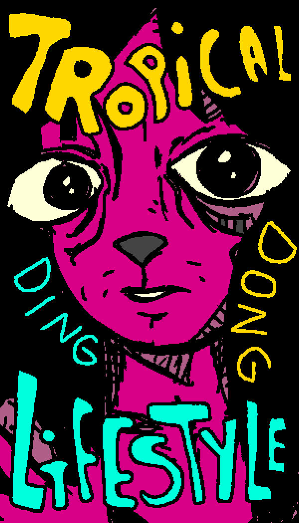 A magenta cat with enormous eyes, surrounded by yellow and turquoise Tropical Dingdong Lifestyle lettering.