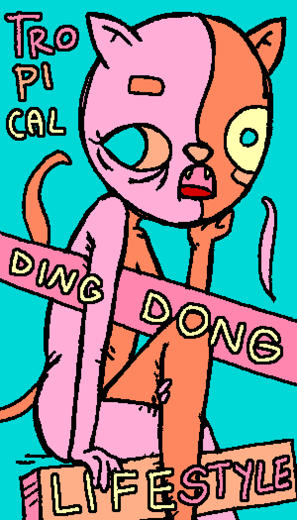 A pink and orange cat with mismatched eyes amid Tropical Dingdong Lifestyle lettering on turquoise.
