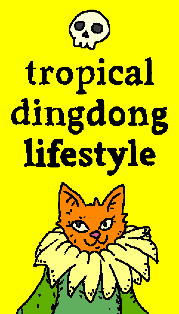 A small skull above Tropical Dingdong Lifestyle lettering and an orange cat wearing a flower collar on yellow.